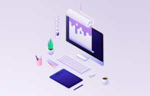 A graphic of a computer workspace setup