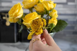 Person putting the dirty flower back into the fresh ones, representing beauty.